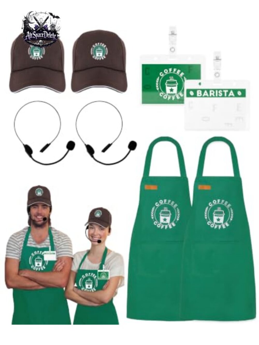 Barista Costume Set Adjustable Apron Cap Name Tags Headsets Halloween Adult